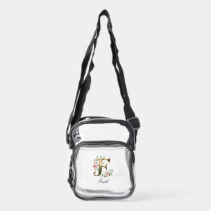 Elegant Gold Floral Letter F Clear Crossbody Bag