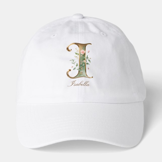 Elegant Gold Floral Letter I Monogram Hat (Front)