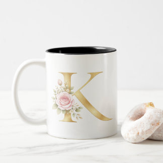 Elegant Gold Floral Letter K Logo Two-Tone Coffee Mug
