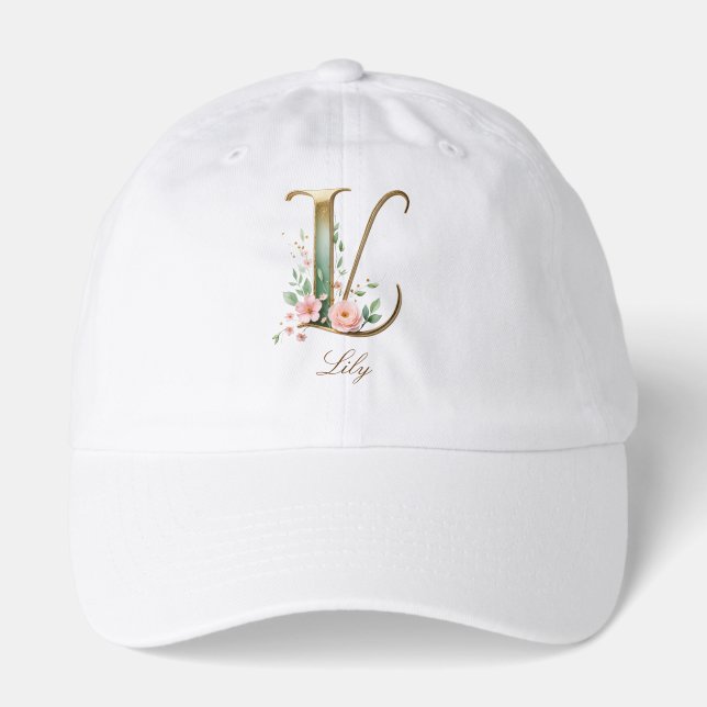 Elegant Gold Floral Letter L Monogram Hat (Front)