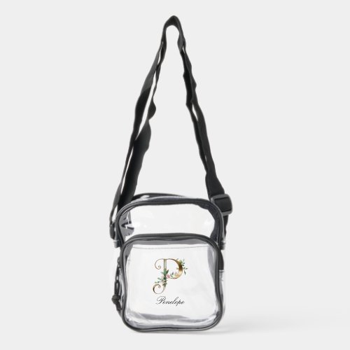 Elegant Gold Floral Letter P Clear Crossbody Bag