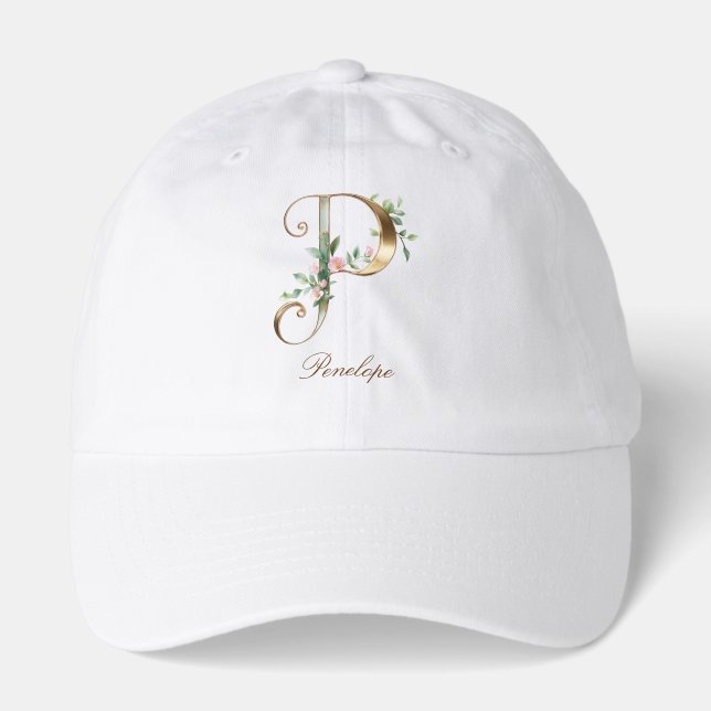 Elegant Gold Floral Letter P Monogram Hat (Front)