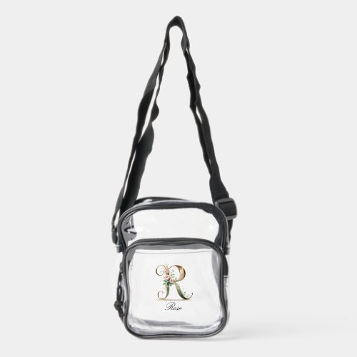 Elegant Gold Floral Letter R Clear Crossbody Bag