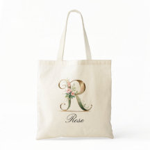 Elegant Gold Floral Letter R Monogram Tote Bag