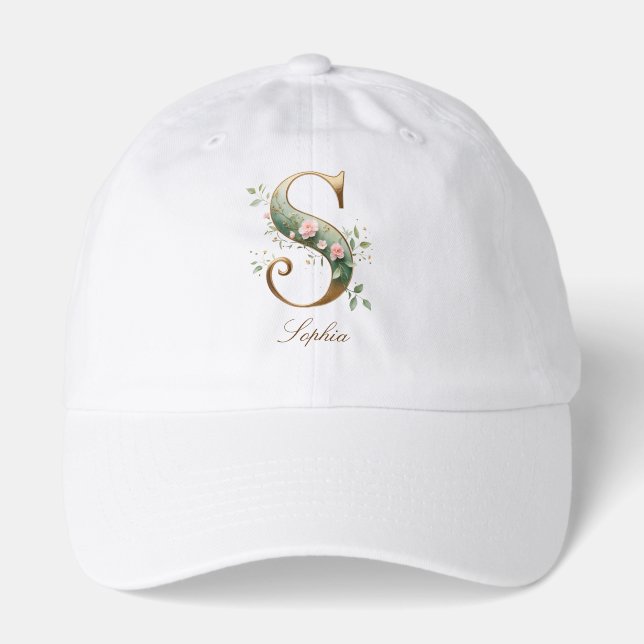 Elegant Gold Floral Letter S Monogram Hat (Front)