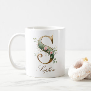 Elegant Gold Floral Letter S Monogram Mug