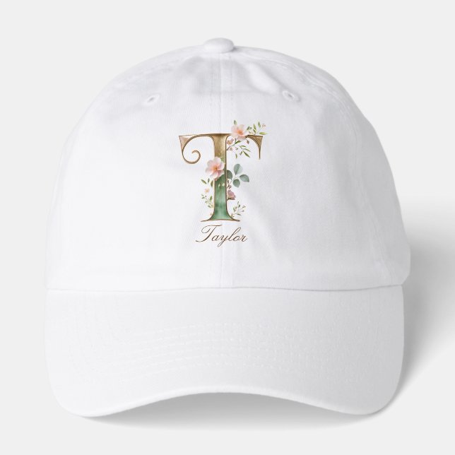 Elegant Gold Floral Letter T Monogram Hat (Front)