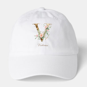 Elegant Gold Floral Letter V Monogram Hat