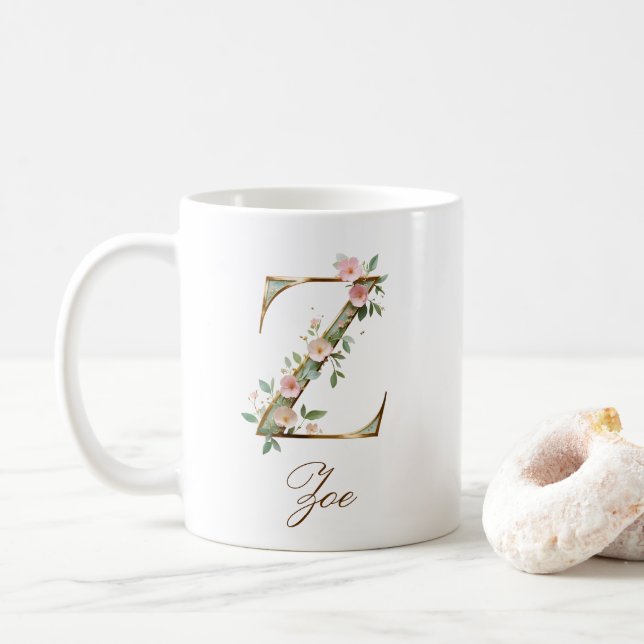 Elegant Gold Floral Letter Z Monogram Mug (With Donut)