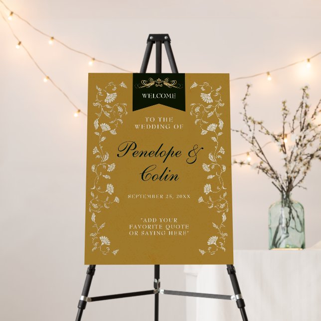 Elegant Gold Floral Library Wedding Welcome Sign (In Situ (Stand))