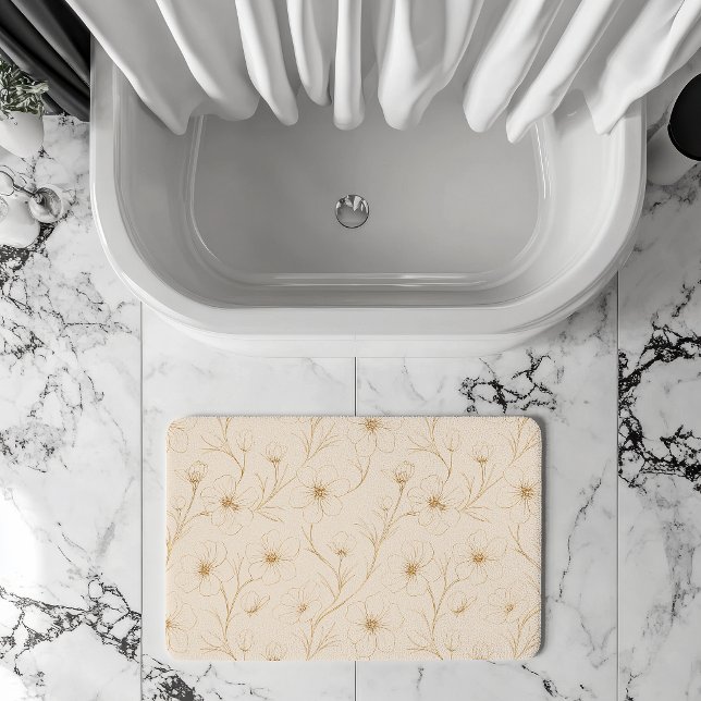Elegant Gold Floral Line Art Seamless Pattern Bath Mat (Creator Uploaded)