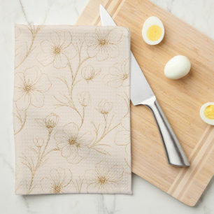 Elegant Gold Floral Line Art Seamless Pattern Kitchen Towel