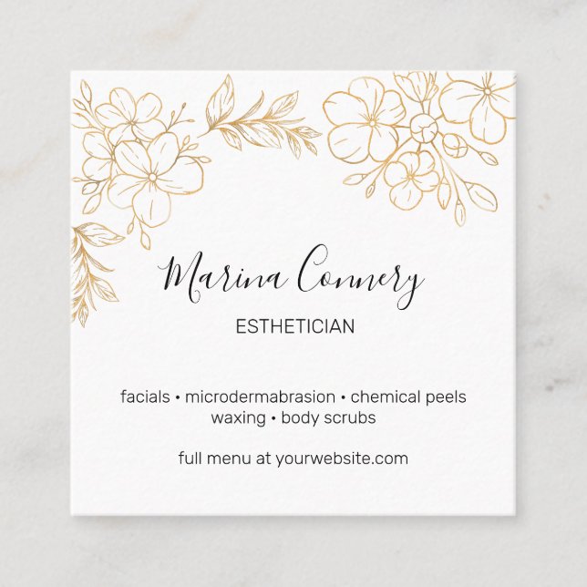 Elegant Gold Floral Line Drawing Esthetician Square Business Card (Front)