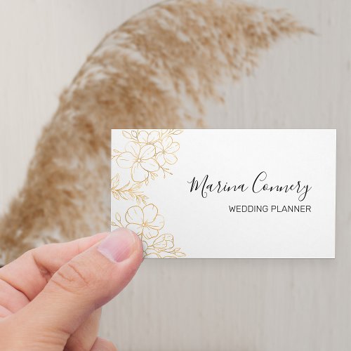 Elegant Gold Floral Line Drawing Wedding Planner Business Card