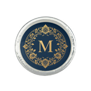 💍 Elegant Gold Floral M Initial Ring Letter Gift