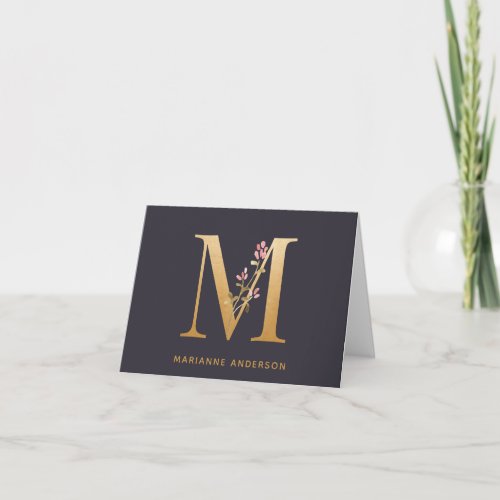 Elegant Gold Floral M Monogram Chic Personalized Note Card