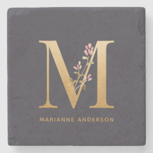 Elegant Gold Floral M Monogram Chic Personalized Stone Coaster