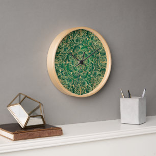 Elegant Gold Floral Mandala Green Design Clock