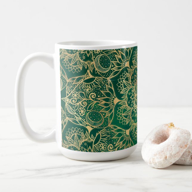 Elegant Gold Floral Mandala Green Design Coffee Mug (With Donut)