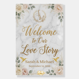 Elegant Gold Floral Marble Wedding Welcome Sign