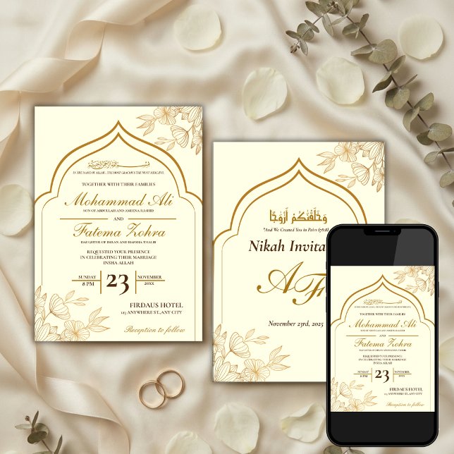 Elegant Gold Floral Masjid Muslim Wedding Nikah In Invitation (Creator Uploaded)