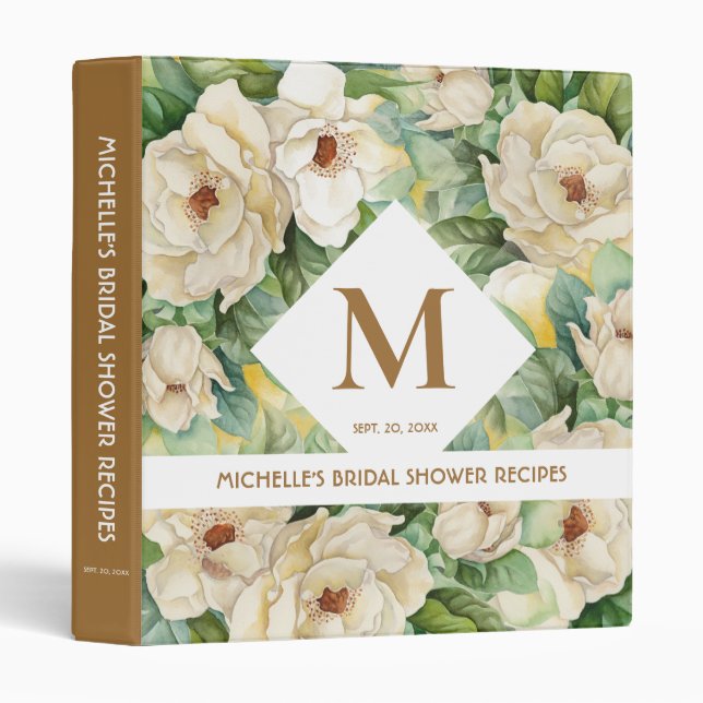 Elegant Gold Floral Monogram Bridal Shower Recipe 3 Ring Binder (Front/Spine)