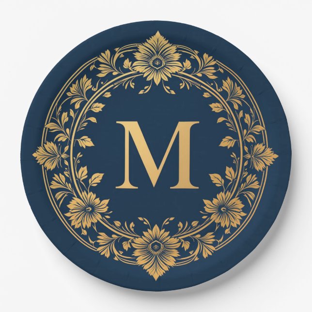 Elegant Gold Floral Monogram Design Paper Plates (Front)
