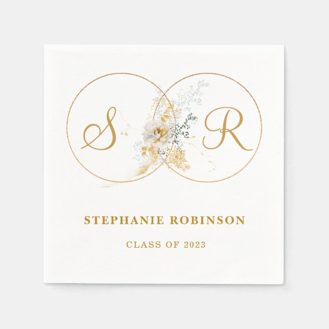 Elegant Gold Floral Monogram Graduation  Napkins (Front)