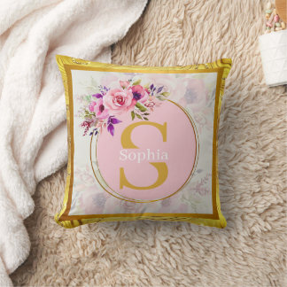 Elegant Gold Floral Monogram I Personalized Name Throw Pillow