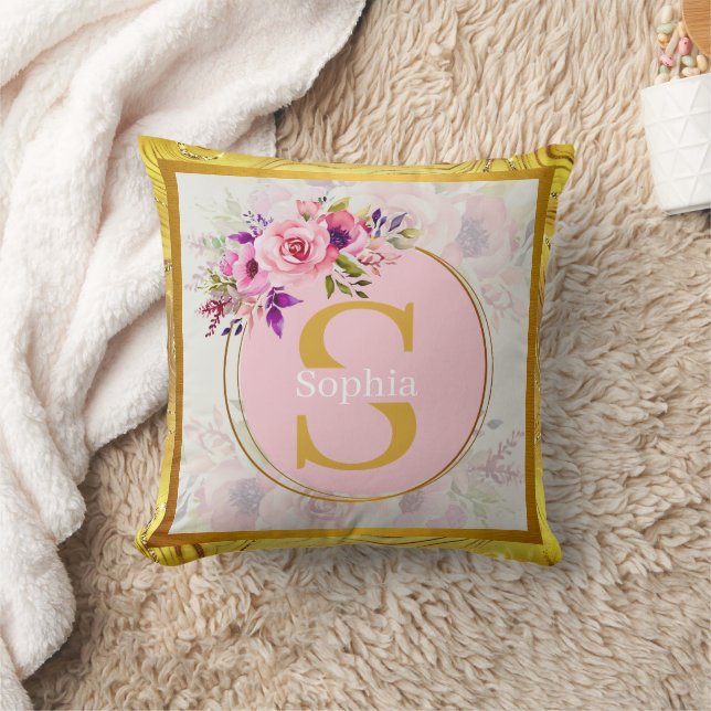 Elegant Gold Floral Monogram I Personalized Name Throw Pillow (Blanket)