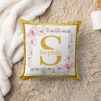 Elegant Gold Floral Monogram I Personalized Name Throw Pillow