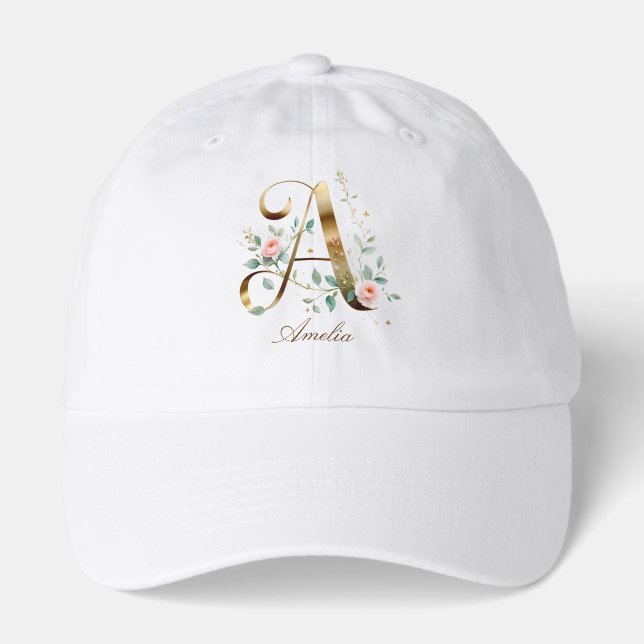 Elegant Gold Floral Monogram Initial A Dad Cap (Front)