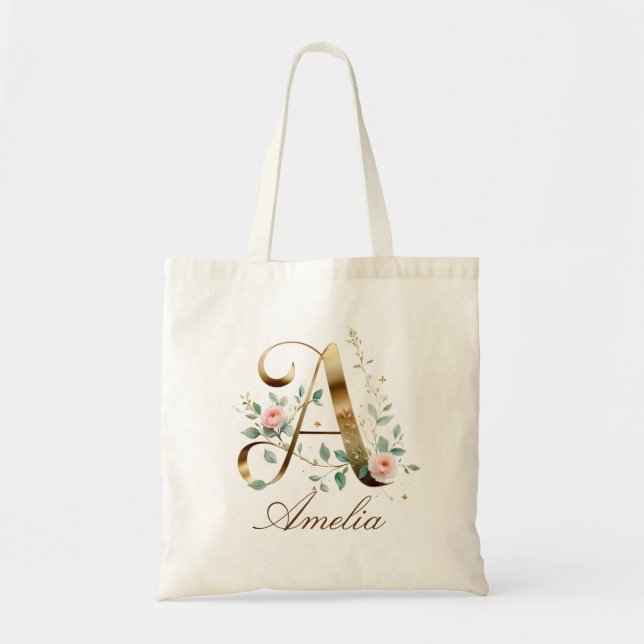 Elegant Gold Floral Monogram Initial A Tote Bag (Front)