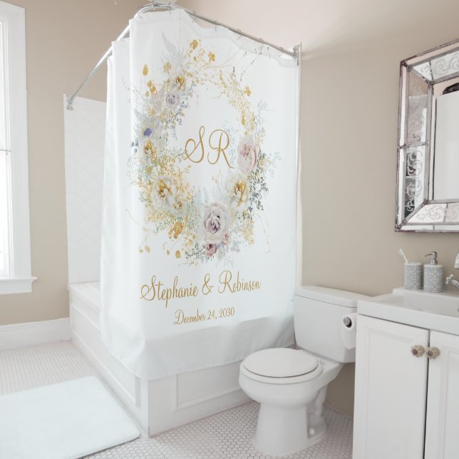 Elegant Gold Floral Monogram Logo Wedding Gift  Shower Curtain (In Situ)