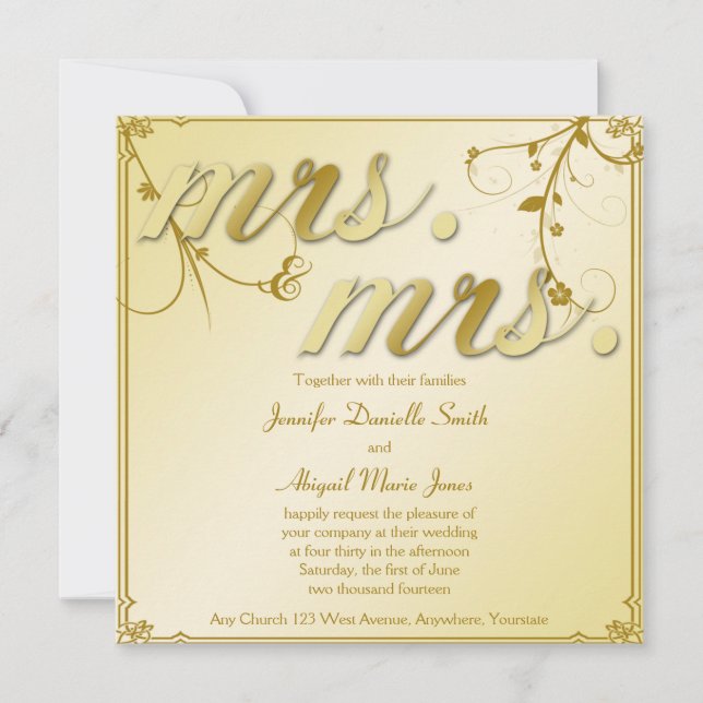 Elegant Gold Floral Mrs. & Mrs. Wedding Invitation (Front)