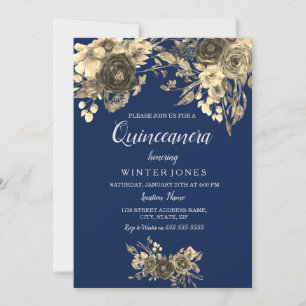 Elegant Gold Floral Navy Blue Quinceanera Inivte Invitation