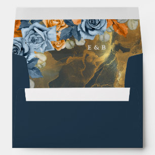 Elegant Gold Floral Navy Blue Rust Fall Wedding Envelope