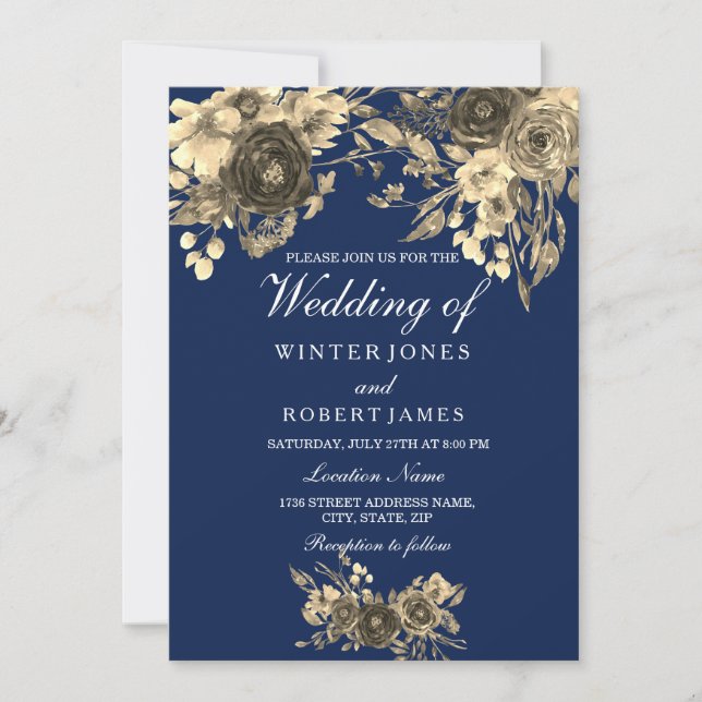 Elegant Gold Floral Navy Blue Wedding Invitation (Front)