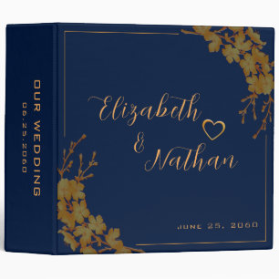 Elegant Gold Floral Navy Blue Wedding Notes Photos 3 Ring Binder