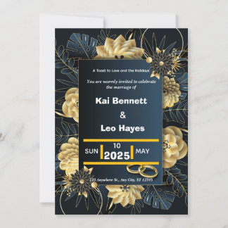 Elegant Gold Floral Navy Holiday Wedding Invite