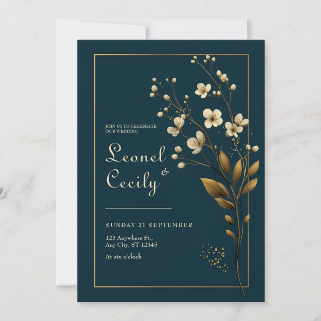 Elegant Gold Floral Navy Wedding Invitation (Front)