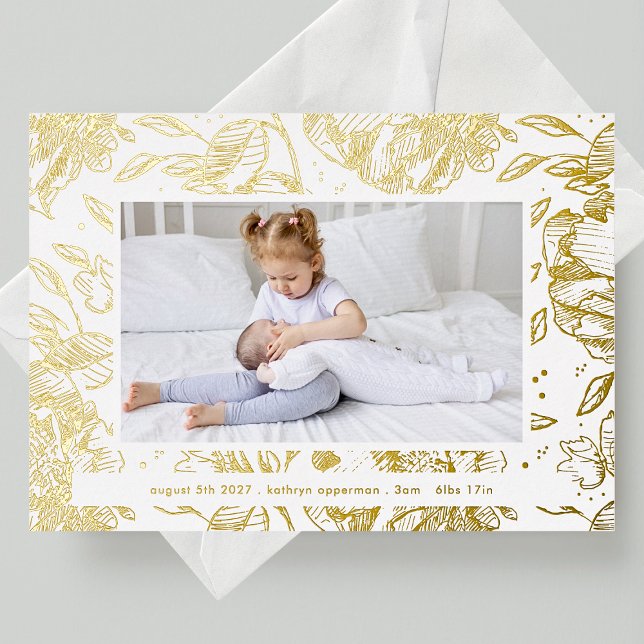 elegant gold floral newborn 4 photo baby birth foil invitation (Creator Uploaded)