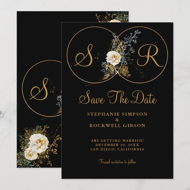 Elegant Gold Floral On Black Monogram Wedding Save The Date (Front/Back)