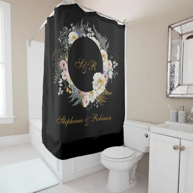 Elegant Gold Floral On Black Monogram Wedding Shower Curtain Zazzle