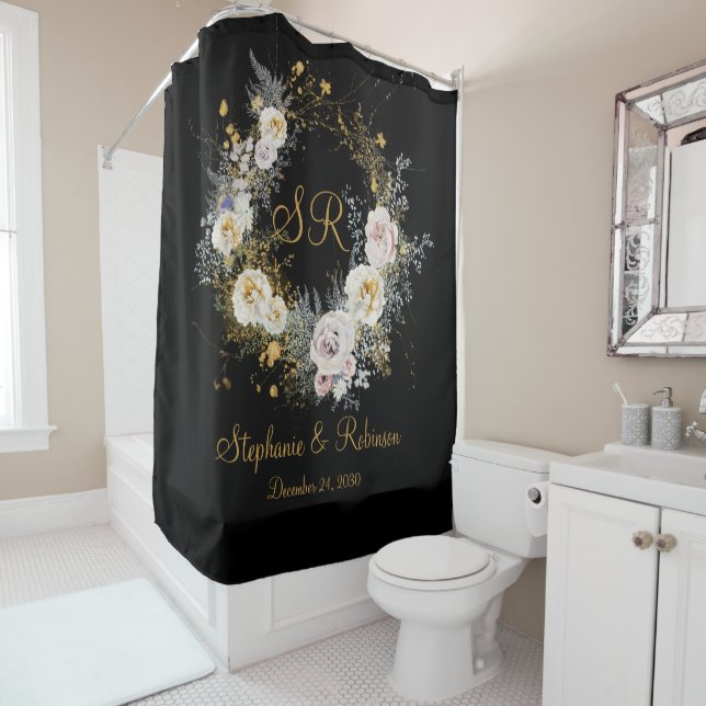 Elegant Gold Floral On Black Monogram Wedding Shower Curtain (In Situ)