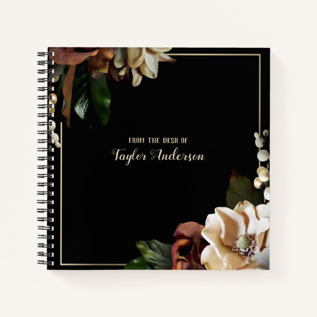 Elegant Gold Floral on Black Personalized Notebook (Front)