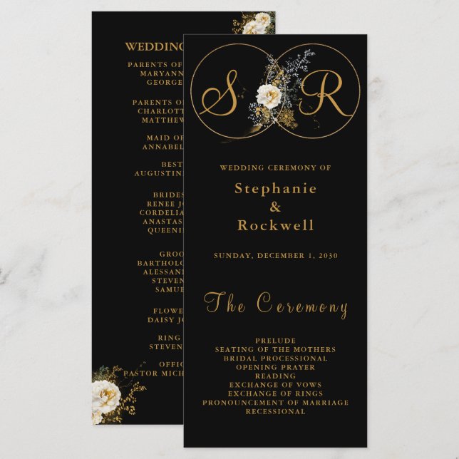 Elegant Gold Floral On Black Wedding Program  (Front/Back)