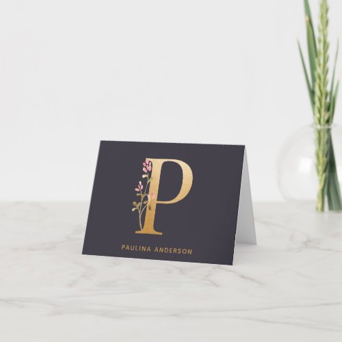 Elegant Gold Floral P Monogram Chic Personalized Note Card