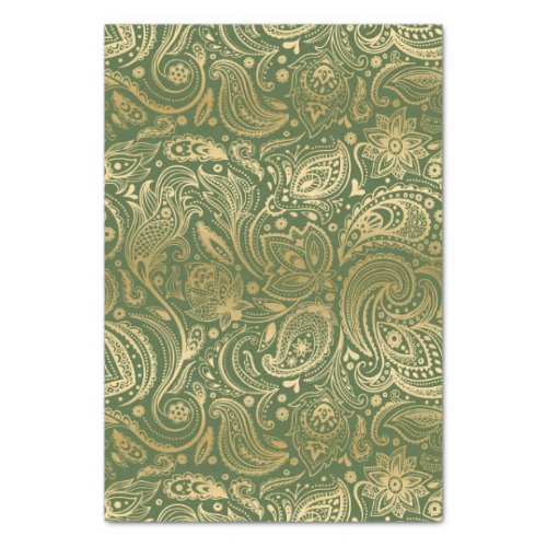 Elegant Gold Floral Paisley On Green Background Tissue Paper