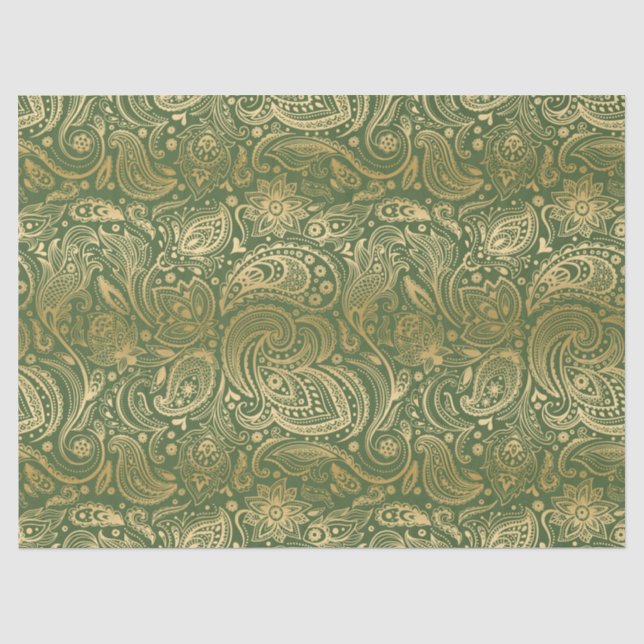 Elegant Gold Floral Paisley On Green Background Tissue Paper (Front)